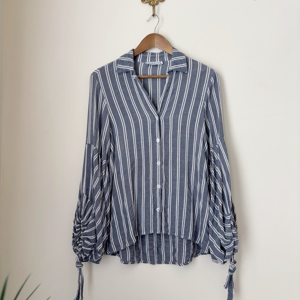 HARSHMAN Grey Striped Violetta Tie Sleeve Button Front Shirt Medium